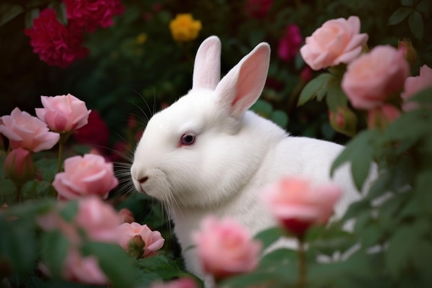 Un conejo blanco en un jardín de rosas.