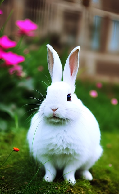 Conejo blanco en un macizo de flores