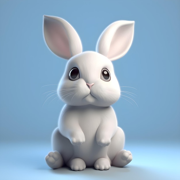 Un conejo blanco con ojos marrones se sienta sobre un fondo azul.