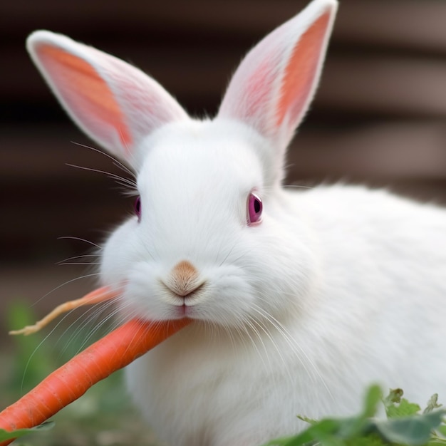 Un conejo blanco con ojos rosas está comiendo una zanahoria.