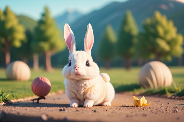 Conejo blanco con orejas largas jugando en la hierba Fondo de papel tapiz animal lindo conejo mascota