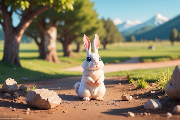 Conejo blanco con orejas largas jugando en la hierba lindo conejo mascota fondo de papel tapiz animal