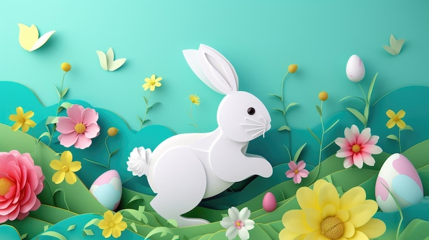 Un conejo blanco salta entre las flores y los huevos en el campo