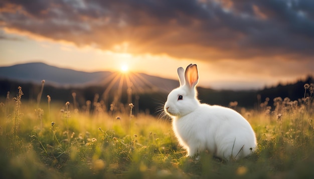 Foto un conejo blanco se sienta en un campo de hierba y el sol se pone detrás de él
