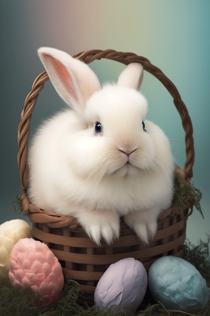 Un conejo blanco se sienta en una canasta de huevos de Pascua.