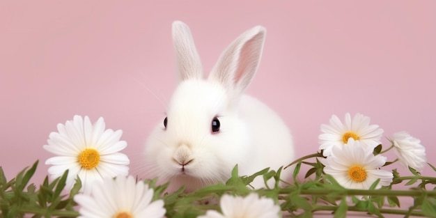 Un conejo blanco se sienta en un cuenco de flores.