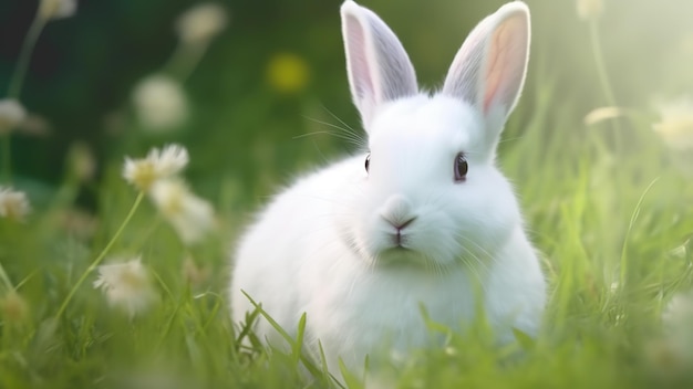 Un conejo blanco se sienta en la hierba frente a un fondo florido.