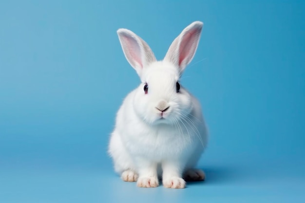 Un conejo blanco se sienta sobre un fondo azul.