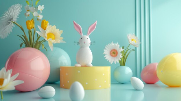 Un conejo blanco se sienta tranquilamente rodeado de una composición minimalista de Feliz Pascua La escena irradia una sensación de tranquilidad e inocencia