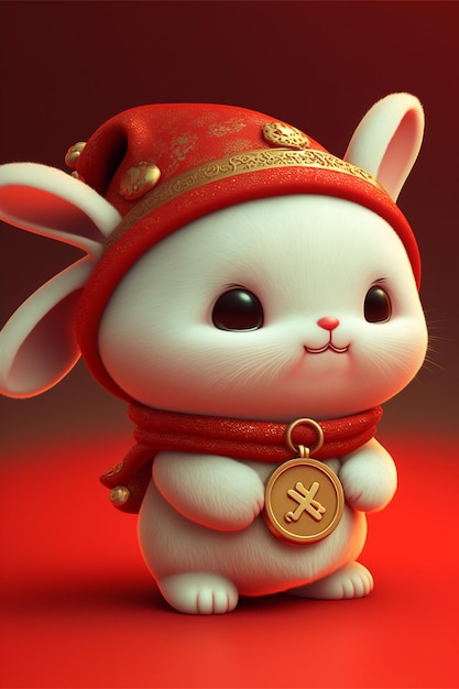 Conejo blanco con sombrero rojo y bufanda generativa ai