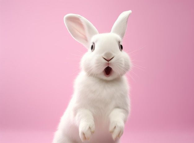 Conejo blanco sorprendido sobre un fondo rosado