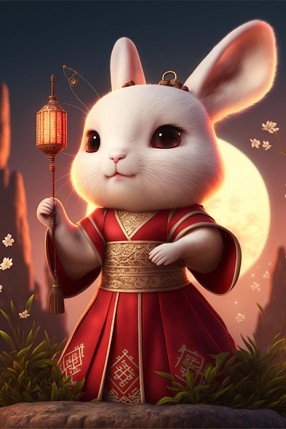Conejo blanco con un vestido rojo sosteniendo un ai generativo de linterna