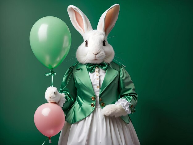 Conejo blanco con un vestido verde sosteniendo un globo con fondo verde IA generativa