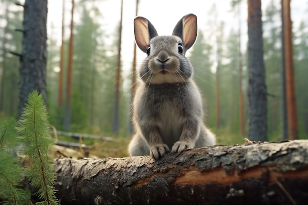 Conejo en el bosque en el fondo del bosque de coníferas