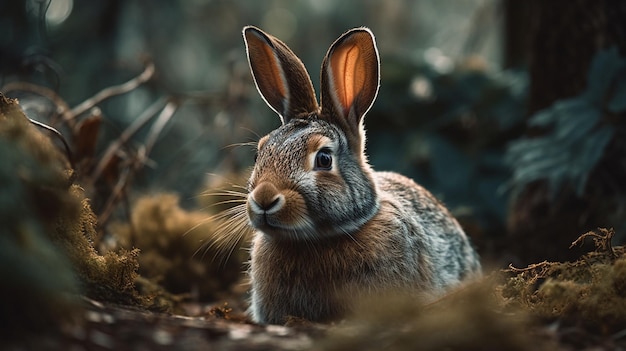 Un conejo en un bosque con un fondo oscuro.