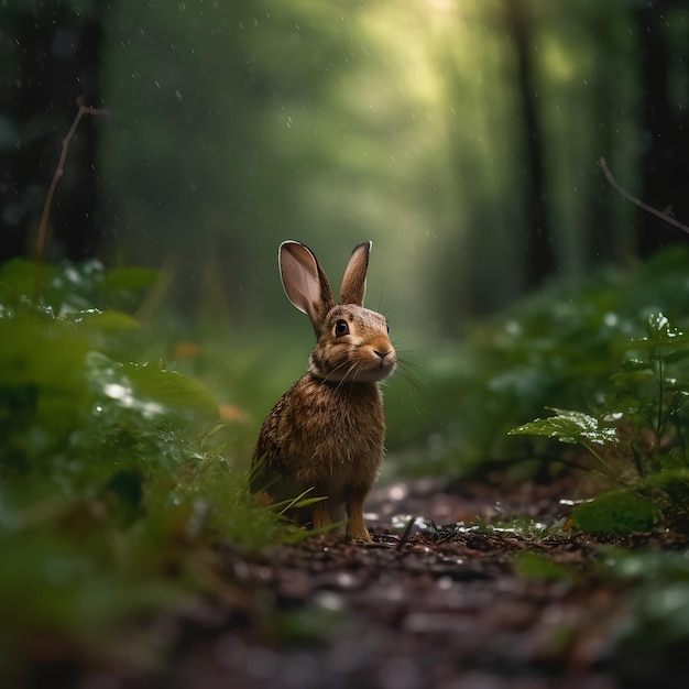 Un conejo en un bosque con gotas de lluvia en las orejas.