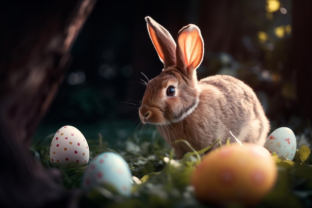 Un conejo en un bosque con huevos de Pascua.