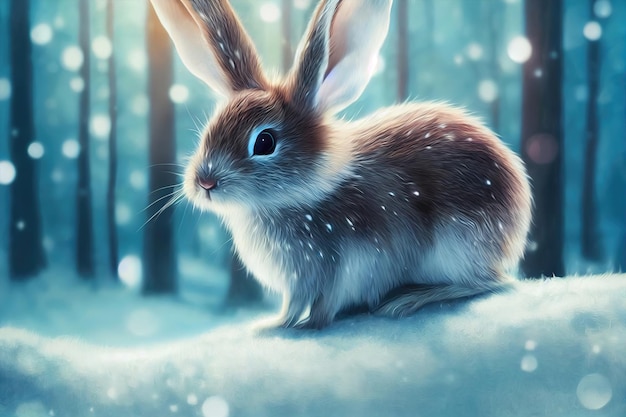 Conejo en el bosque de invierno fondo de navidad