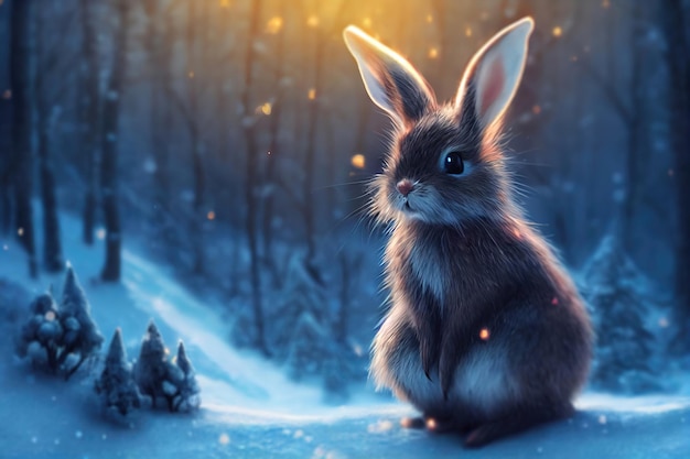 Conejo en el bosque de invierno fondo de navidad
