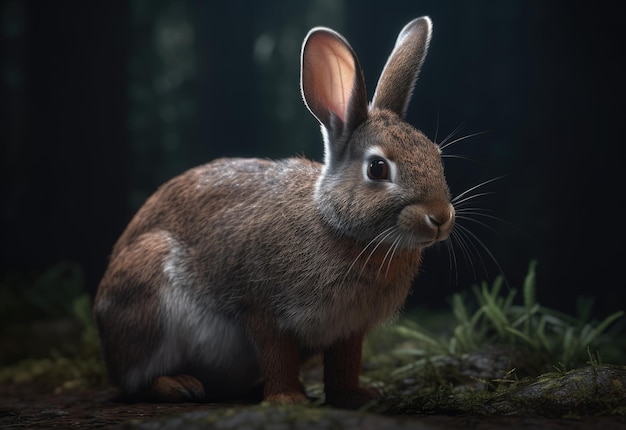 Un conejo en un bosque oscuro con un fondo oscuro