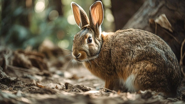 Un conejo en el bosque con la palabra conejo en el frente.