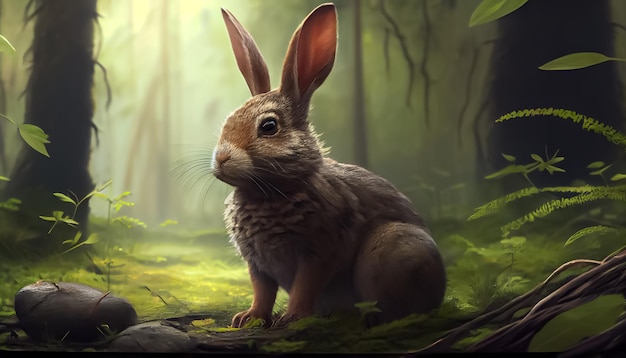 Conejo en el bosque realista feliz día de pascua