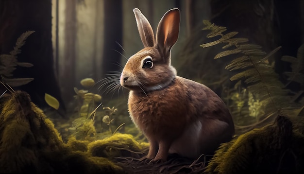 Conejo en el bosque realista feliz día de pascua