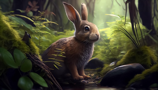 Conejo en el bosque realista feliz día de pascua