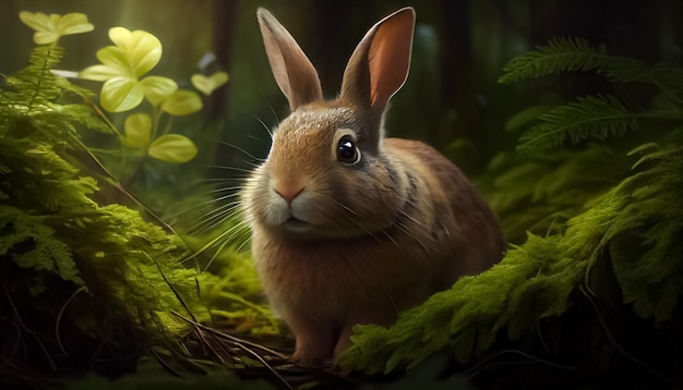 Conejo en el bosque realista feliz día de pascua