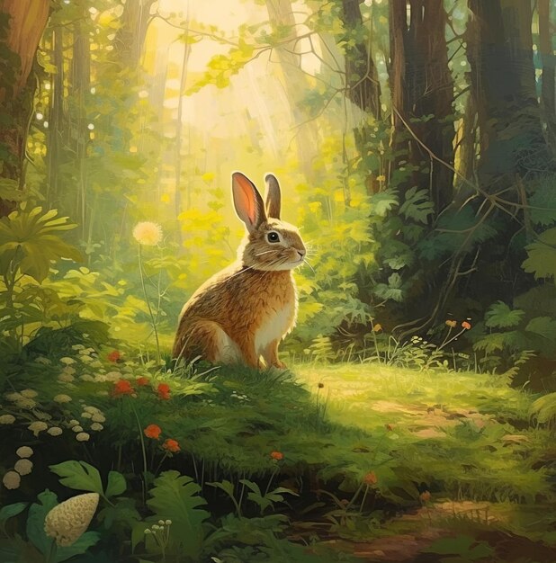 Un conejo en el bosque con el sol brillando sobre él.