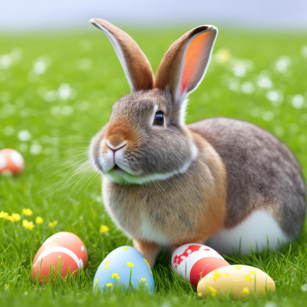 Conejo Britannia peludo y tranquilo sentado en hierba verde con huevos de Pascua