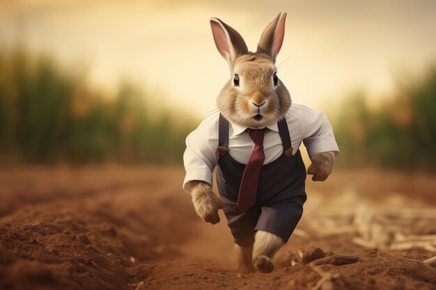 Conejo con camisa y corbata en el fondo del campo Concepto de animales antropomórficos