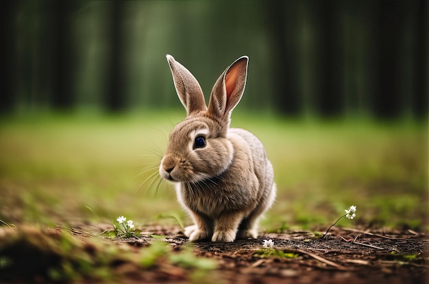 Un conejo en un campo con flores en el suelo.