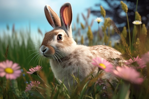 Un conejo en un campo de flores.