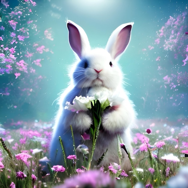 Un conejo en un campo de flores.