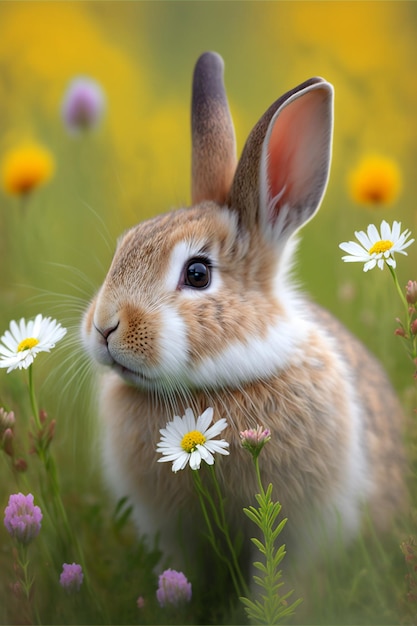 Un conejo en un campo de flores.