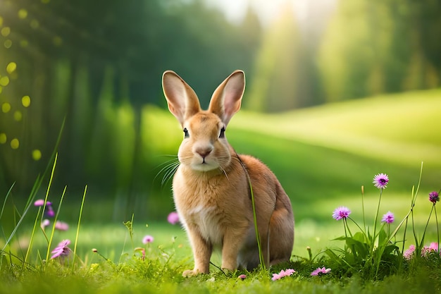 Un conejo en un campo con flores.