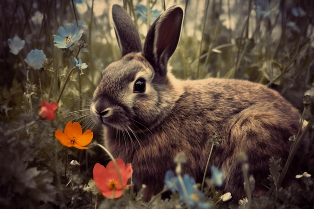 Un conejo en un campo de flores.