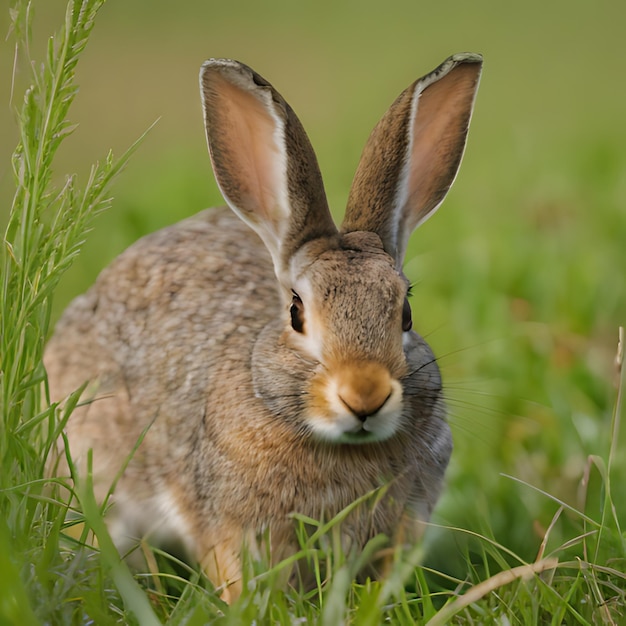 un conejo en un campo con un fondo de hierba verde