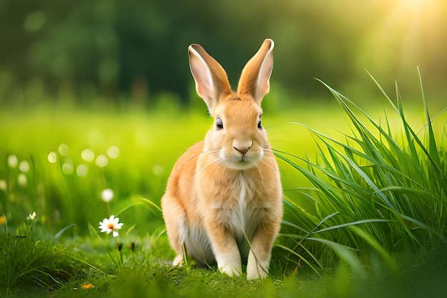 Un conejo en un campo de hierba.