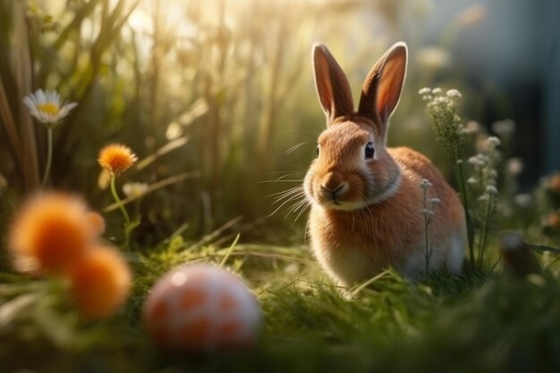 Un conejo en un campo con un huevo de Pascua pintado.