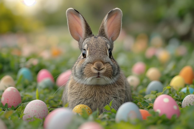 Foto conejo en un campo lleno de huevos de pascua de colores