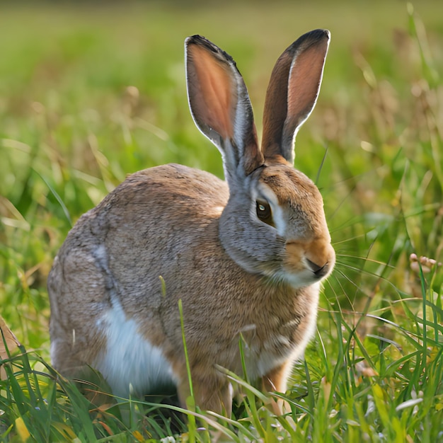 un conejo en un campo con una mancha blanca en su cara