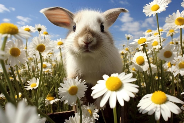 un conejo en un campo de margaritas se muestra con un cielo azul en el fondo.