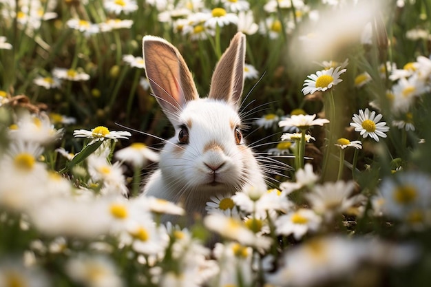 un conejo en un campo de margaritas