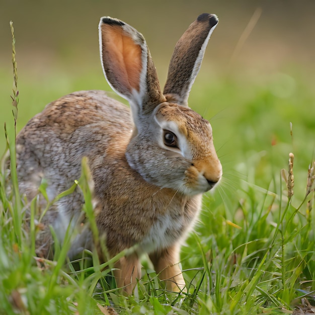 un conejo en un campo con una oreja y orejas marrones