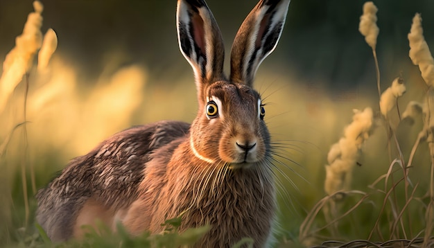 Un conejo en un campo con el sol brillando en su rostro.