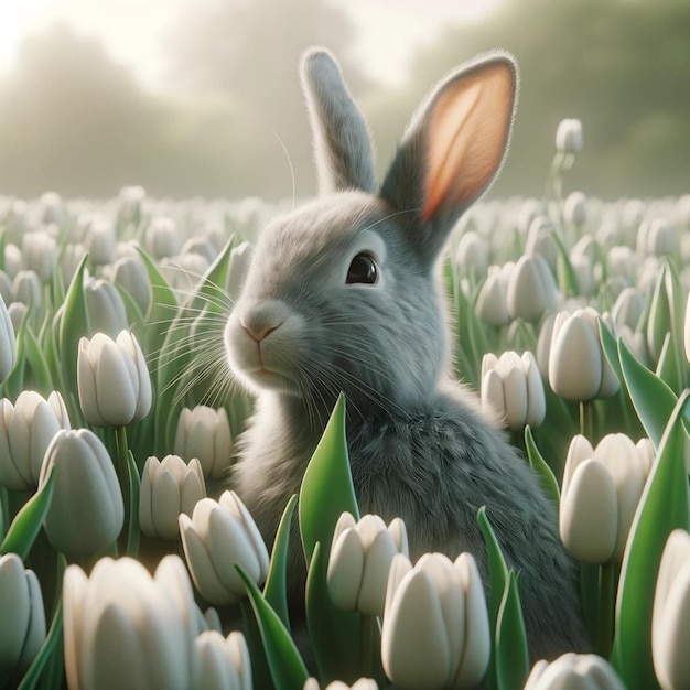 Foto un conejo en un campo de tulipanes con las palabras 