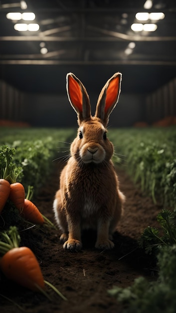 Conejo en un campo con zanahorias.