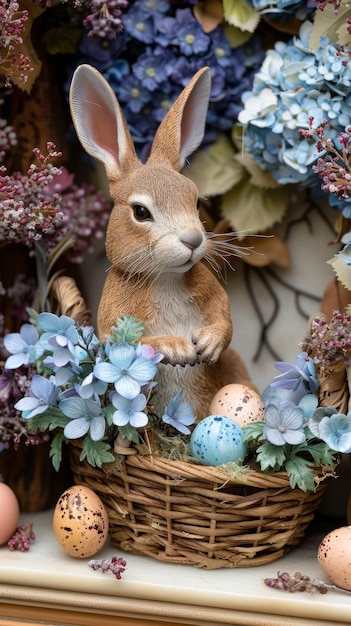 conejo en una canasta con hermosas flores azules y huevos de Pascua